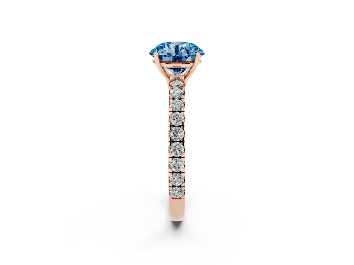 Fancy Blue Round Cut Diamond Pavé Solitaire Engagement Ring with Four-Prong Setting Rose gold