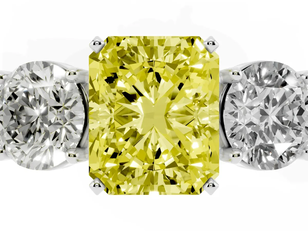 Fancy Yellow Three-Stone Radiant Cut Diamond Ring with Round Side Stones, Classic Band, and Four-Prong Setting Platinum