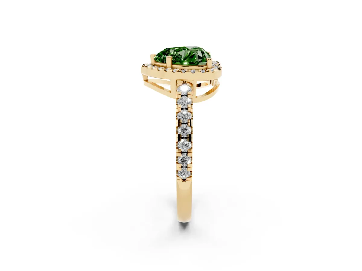 Fancy Green Heart Cut Diamond Halo Ring with Pavé Band and Four-Prong Setting Yellow gold