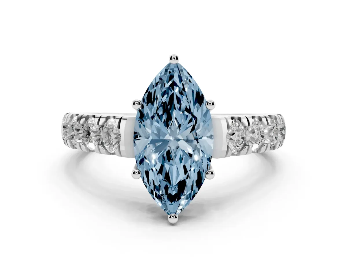 Fancy Blue Marquise Cut Cut Diamond Solitaire Ring with Micro Pave Band and Prong Setting Silver