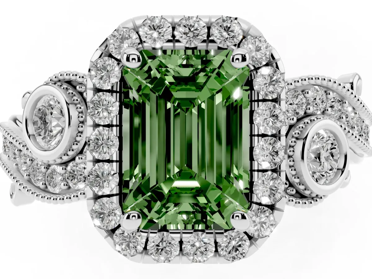 Fancy Green Emerald Cut Halo Diamond Ring with Milgrain and Bezel Accents on a Split Shank Band White gold