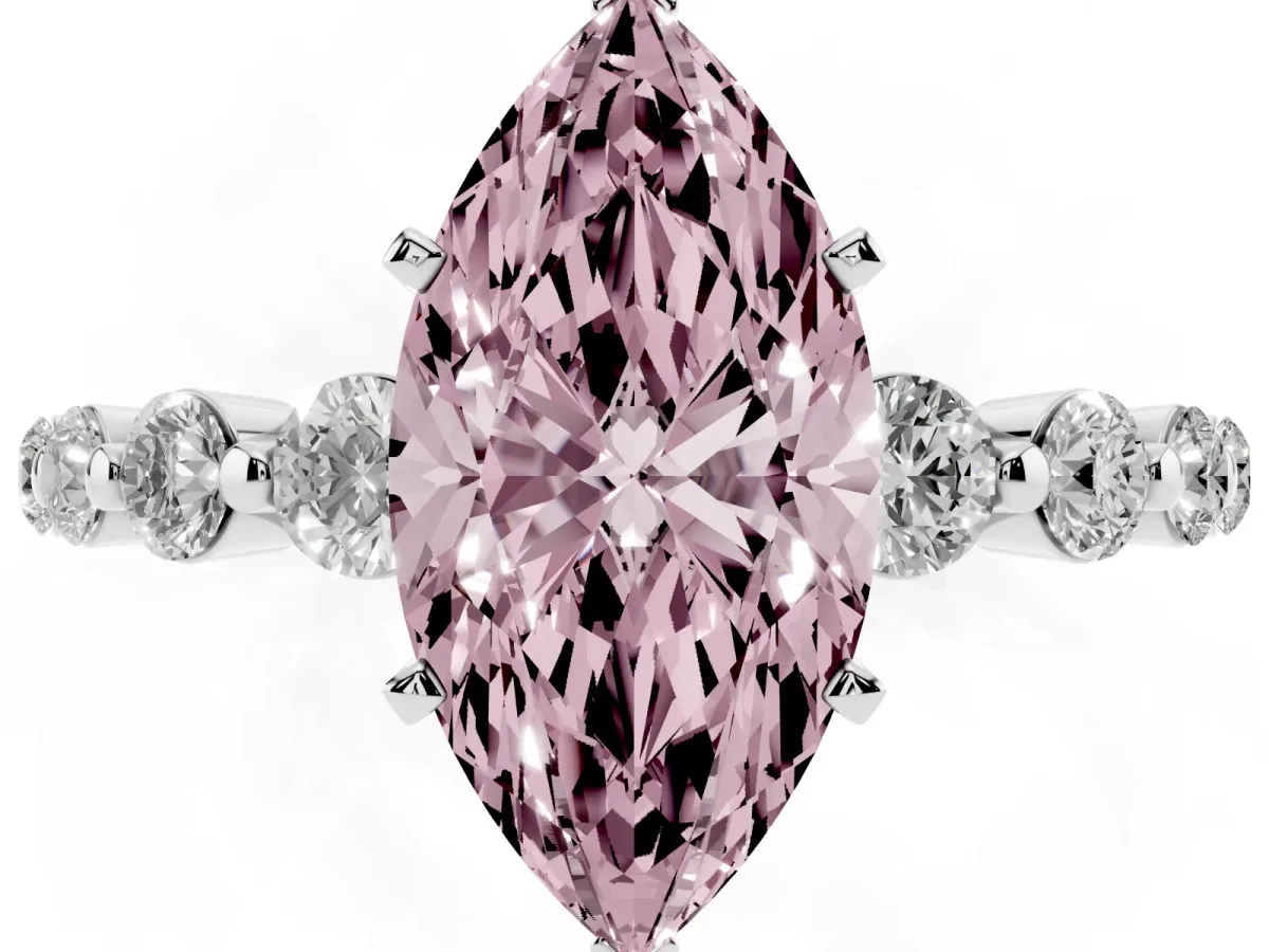 Fancy Pink Marquise Cut Solitaire Diamond Ring with Pave Band and Four-Prong Setting Silver