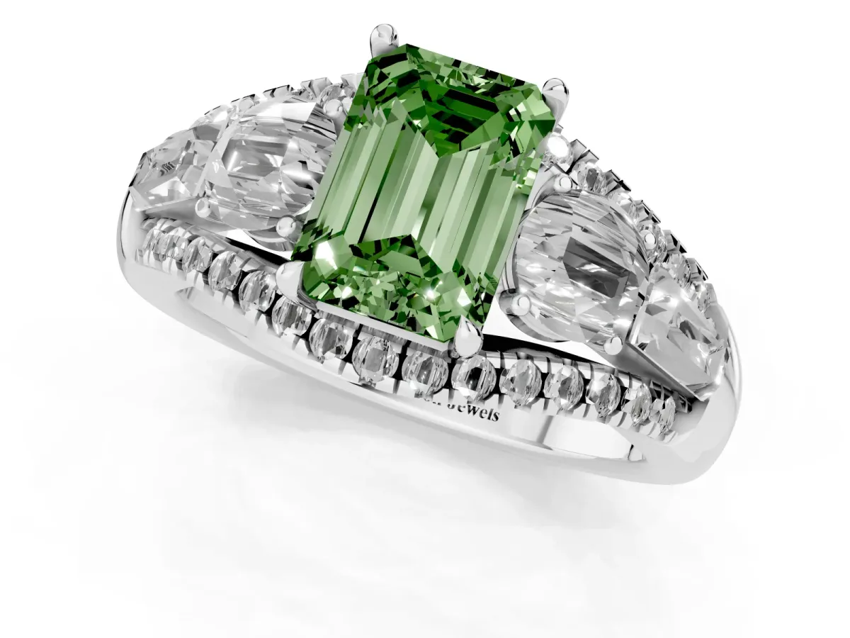 Fancy Green Three-Stone Emerald Cut Diamond Engagement Ring with Pave Band and Prong Setting Silver
