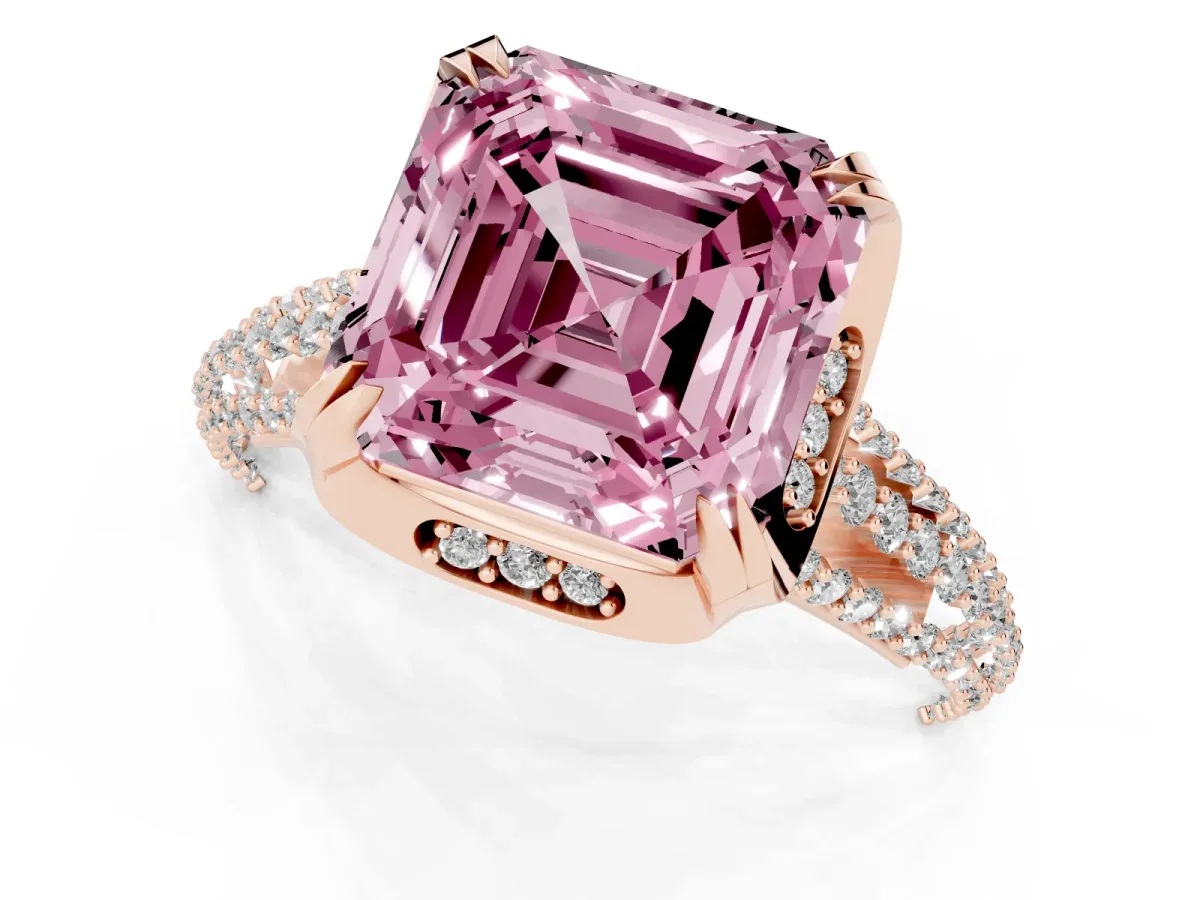 Fancy Pink Asscher Cut Solitaire Pave Split Shank Ring with Four-Prong Setting Rose gold