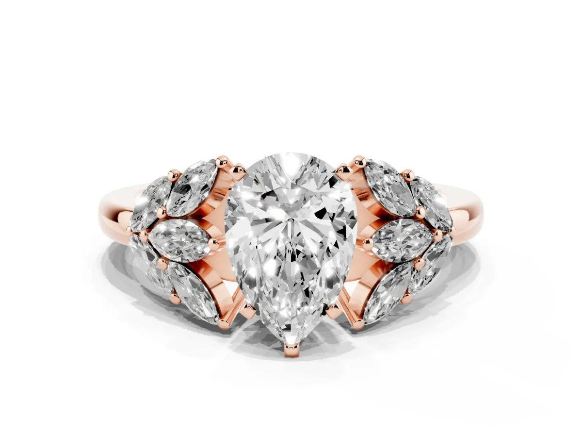 Pear Cut Diamond Cluster Leaf Design Ring with Prong Setting Rose gold