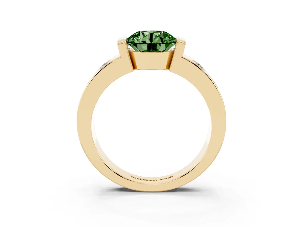 Fancy Green Round Cut Brilliant Channel-Set Diamond Ring with Bezel Prong Setting Yellow gold
