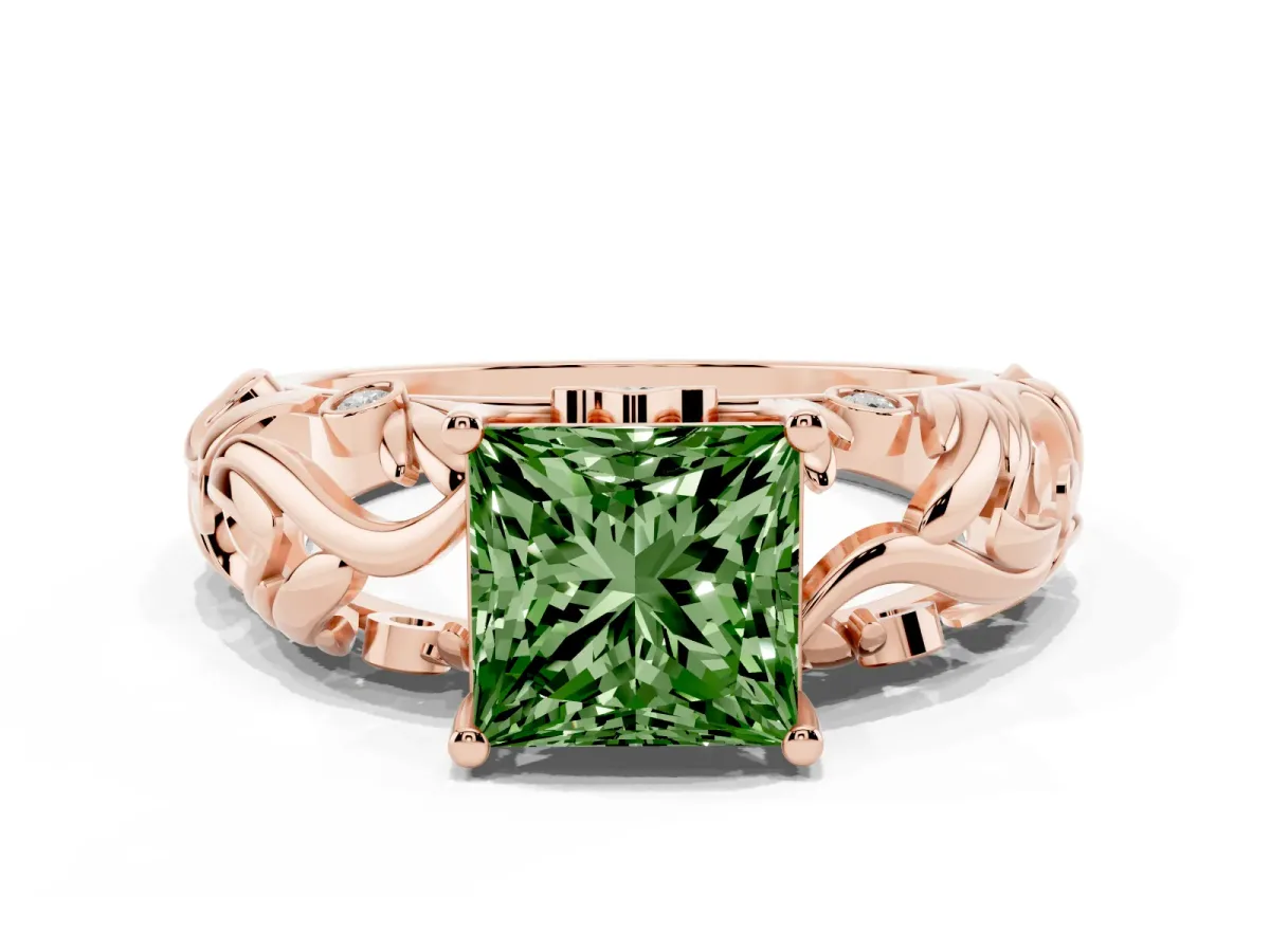 Fancy Green Princess Cut Solitaire Diamond Leaf-Inspired Vine Band Ring with Prong Setting Rose gold