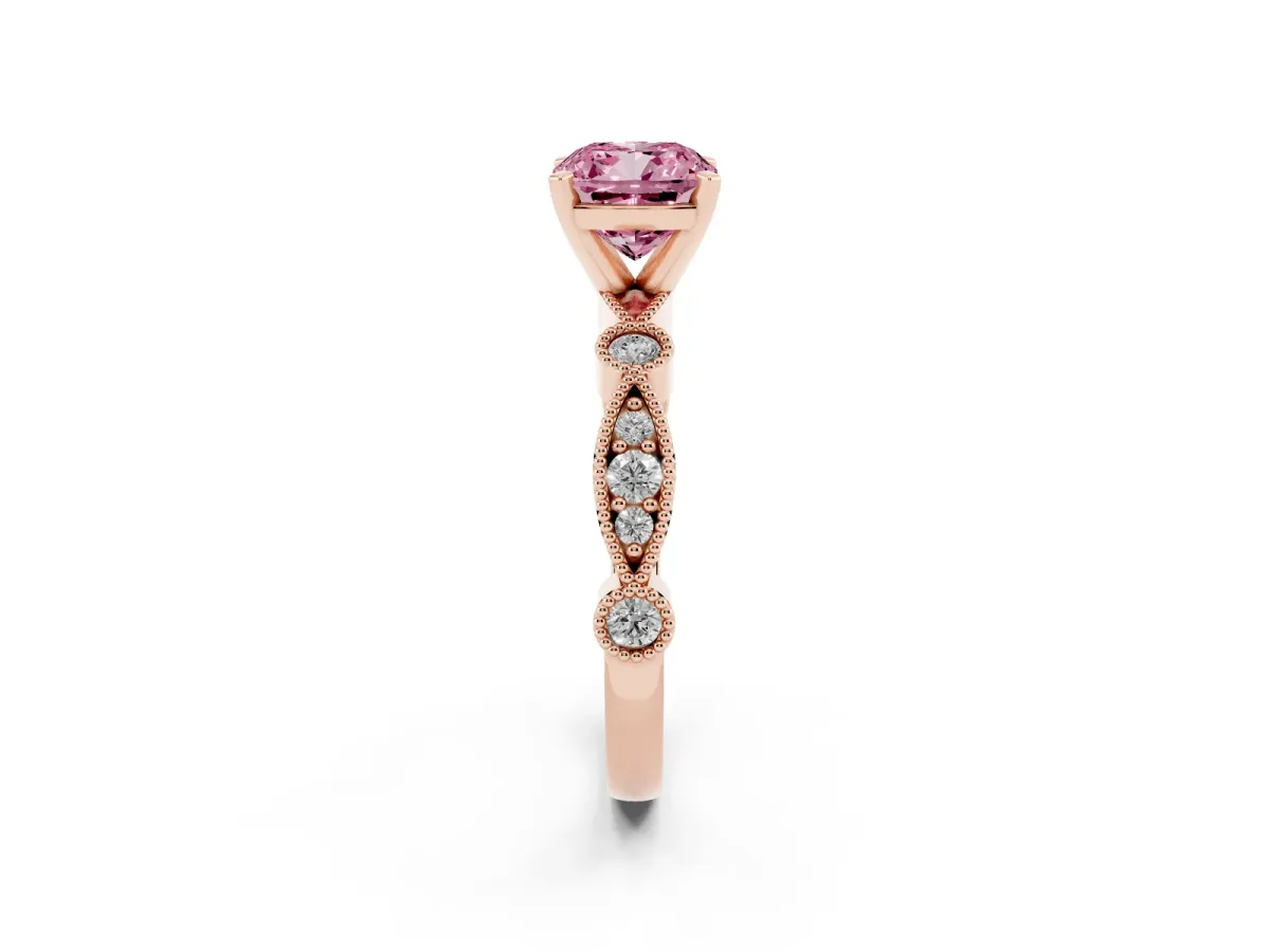 Fancy Pink Cushion Cut Milgrain Bezel Diamond Engagement Ring with Solitaire Prong Setting Rose gold