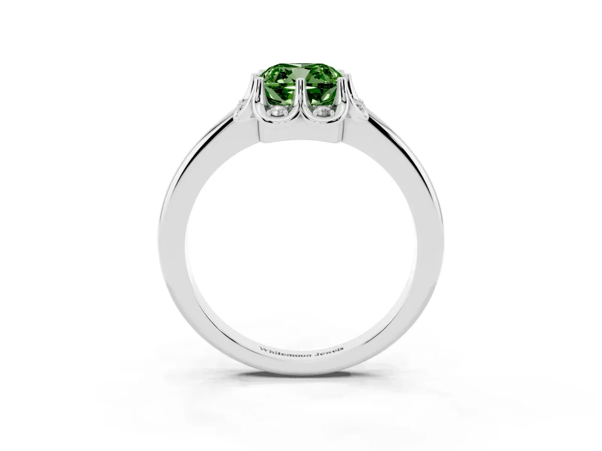Fancy Green Cushion Cut Halo Diamond Ring with Round Cluster Setting, Solitaire Band, and Four-Prong Setting Silver
