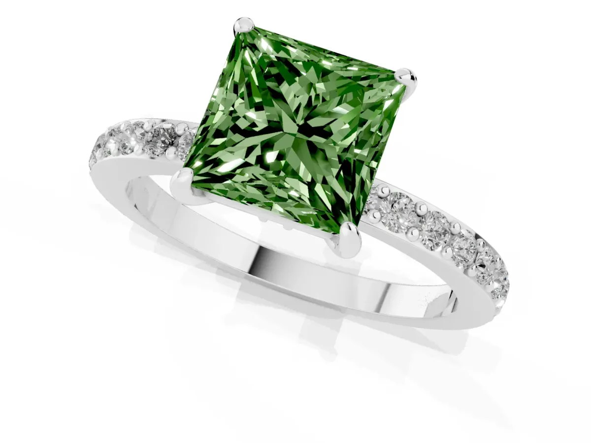 Fancy Green Princess Cut Diamond Solitaire Engagement Ring with Pavé Band and Four-Prong Setting Platinum
