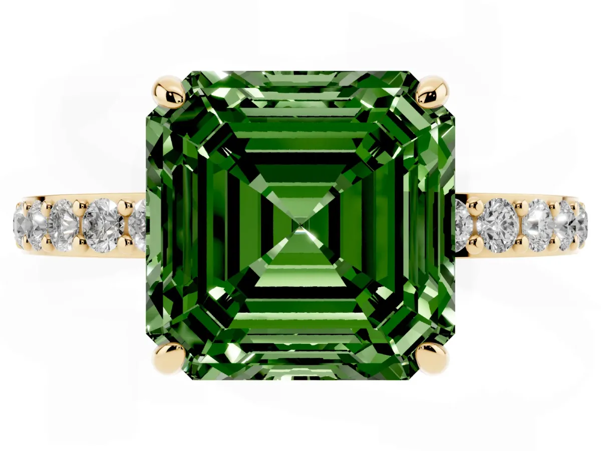 Fancy Green Asscher Cut Diamond Solitaire Engagement Ring with Pavé Band and Four-Prong Setting Yellow gold