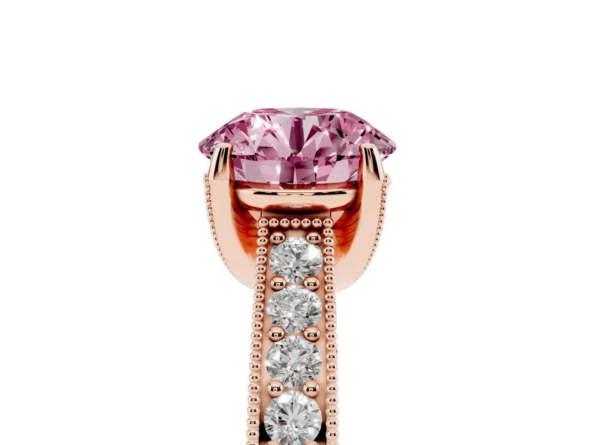 Fancy Pink Round Cut Cut Diamond Solitaire Ring with Milgrain Pave Band and Four Prong Setting Rose gold