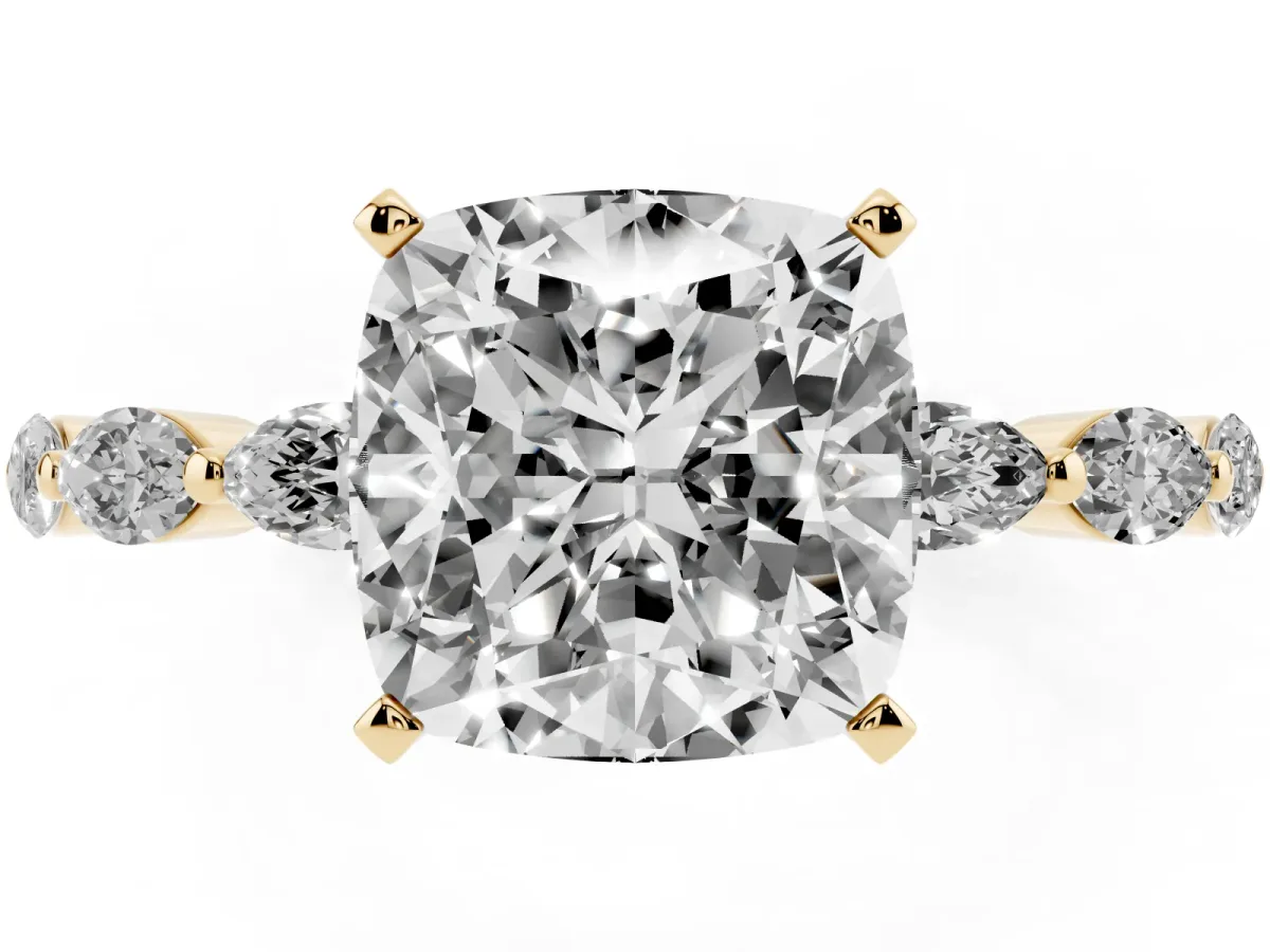 Cushion Cut Diamond Ring with Marquise Side Stones and Prong Setting Yellow gold
