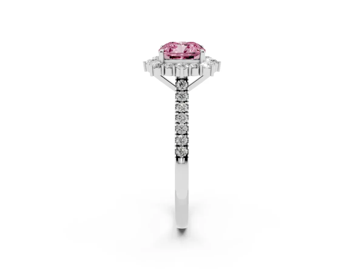 Fancy Pink Cushion Cut Halo Diamond Ring with Pavé Band and Prong Setting Silver