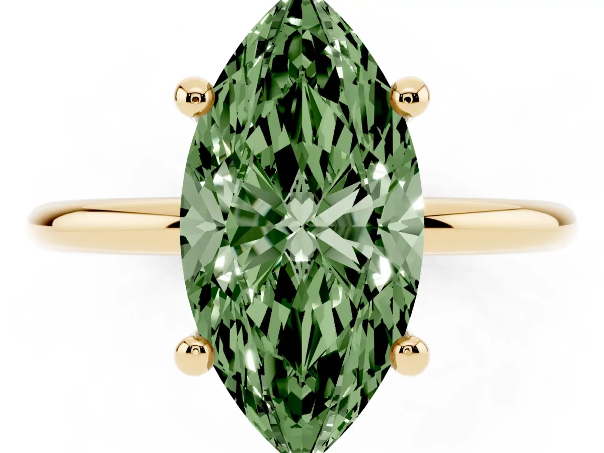Fancy Green Marquise Cut Solitaire Diamond Ring with 4-Prong Setting on a Classic Band Yellow gold