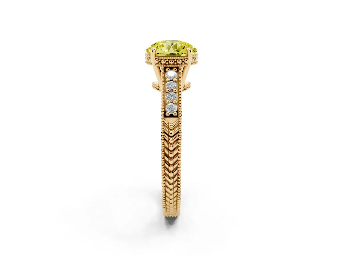 Fancy Yellow Round Cut Solitaire Pavé Diamond Milgrain Engagement Ring with Four-Prong Setting Yellow gold