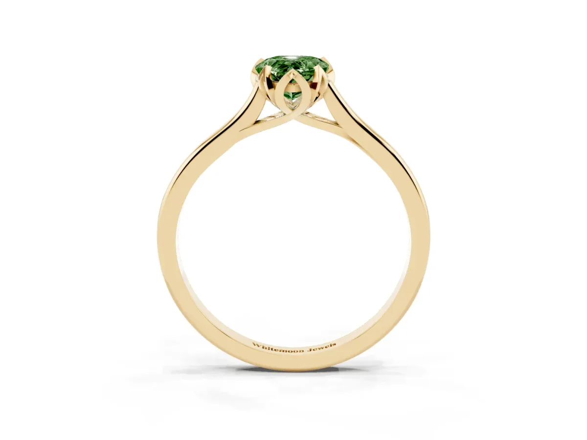 Fancy Green Pear Cut Diamond Solitaire Ring with Flower Prong Setting and Classic Band Yellow gold