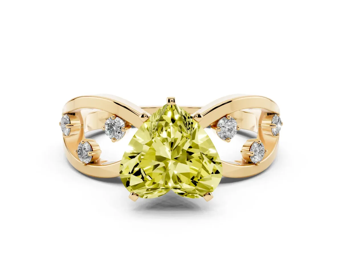 Fancy Yellow Heart Cut Cut Solitaire Diamond with Side Stones on Criss-Cross Band and Four-Prong Setting Yellow gold