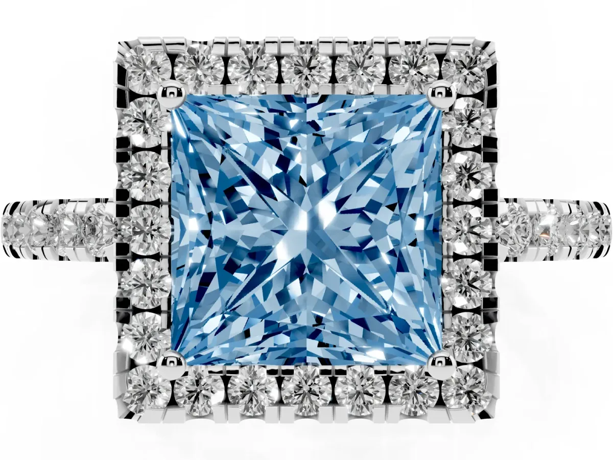 Fancy Blue Princess Cut Halo Diamond Engagement Ring with Pavé Band and Four-Prong Setting Platinum