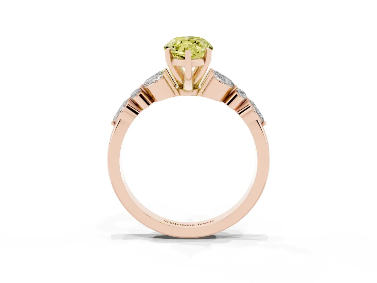 Fancy Yellow Marquise Cut Diamond Solitaire Ring with Side Stones and Four-Prong Setting Rose gold