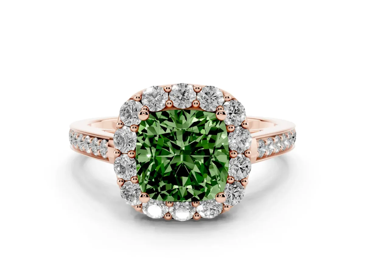 Fancy Green Cushion Cut Diamond Floral Halo Ring with Pavé Band and Prong Setting Rose gold