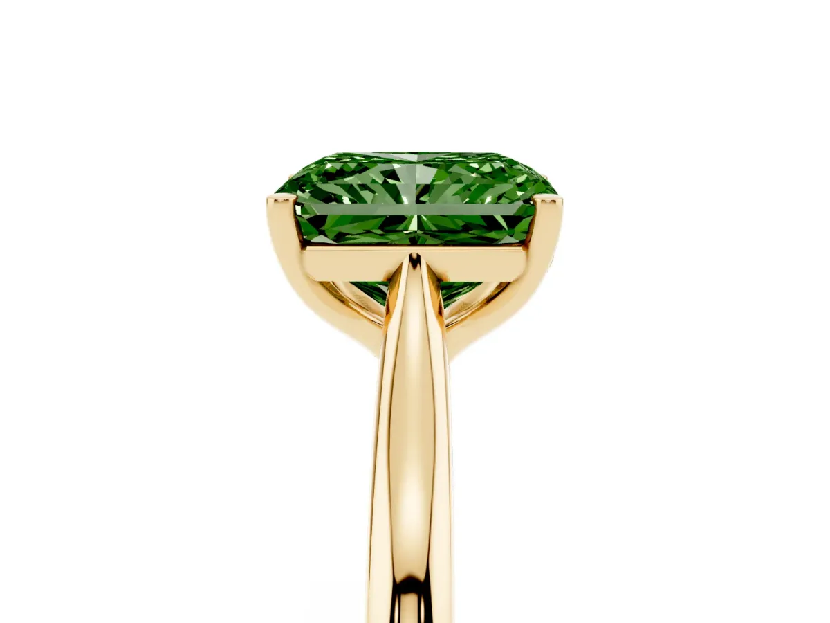 Fancy Green Radiant Cut Cut Solitaire Ring with Cathedral Band and Four-Prong Setting Yellow gold