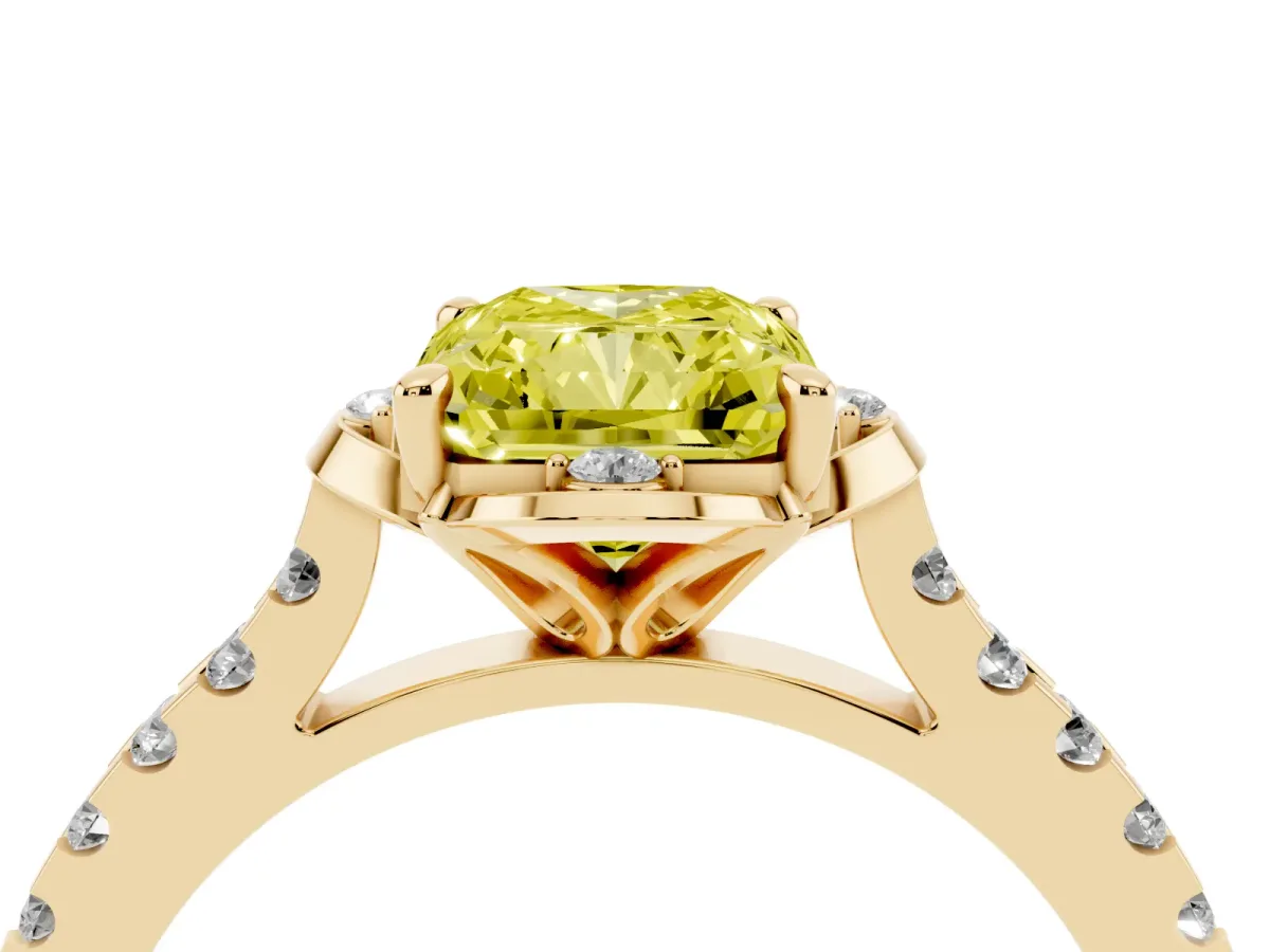 Fancy Yellow Radiant Cut Diamond Ring with Pavé Band and Floral Prong Setting Yellow gold