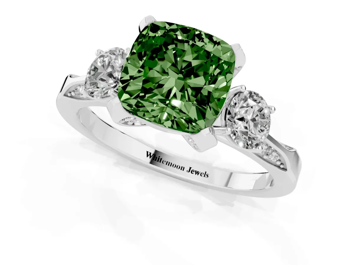 Fancy Green Cushion Cut Brilliant Three-Stone Diamond Ring with Pavé Band and Four-Prong Setting Silver