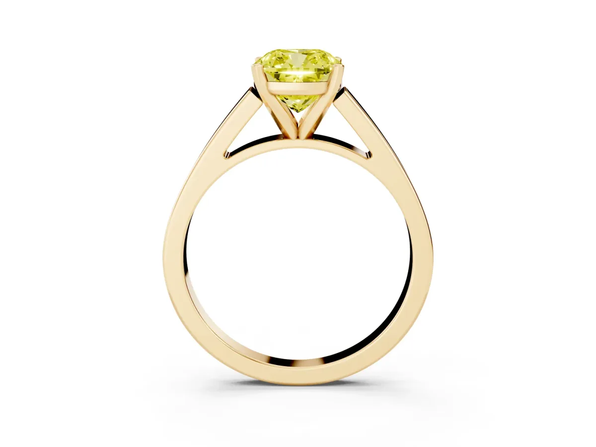 Fancy Yellow Cushion Cut Solitaire Engagement Ring with Four-Prong Setting and Tapered Band Yellow gold