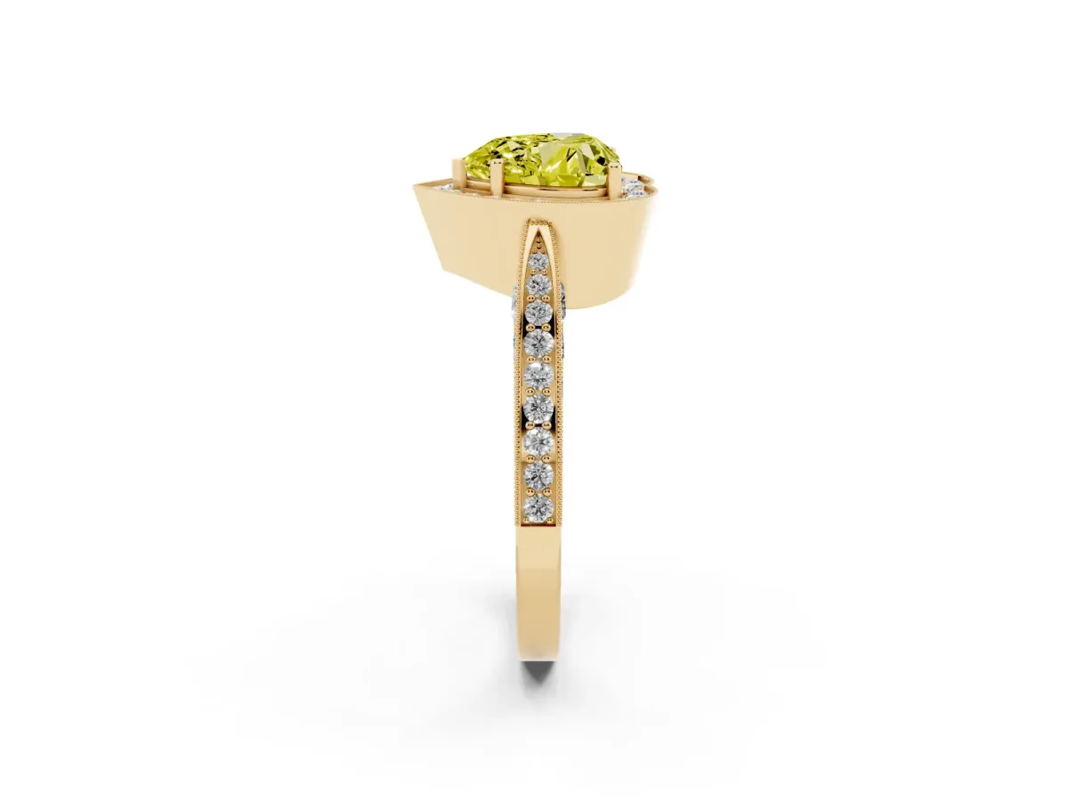 Fancy Yellow Heart Cut Halo Diamond Engagement Ring with Split Shank Band and Four-Prong Setting Yellow gold