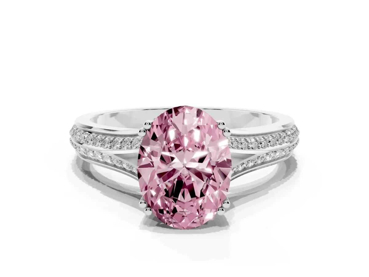 Fancy Pink Oval Cut Diamond Split Shank Engagement Ring with Pavé Band Silver