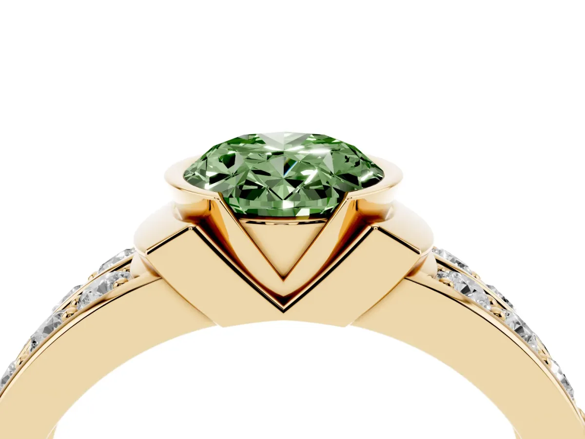Fancy Green Oval Cut Brilliant Diamond Channel Set Wide Band Ring with Bezel Setting Yellow gold