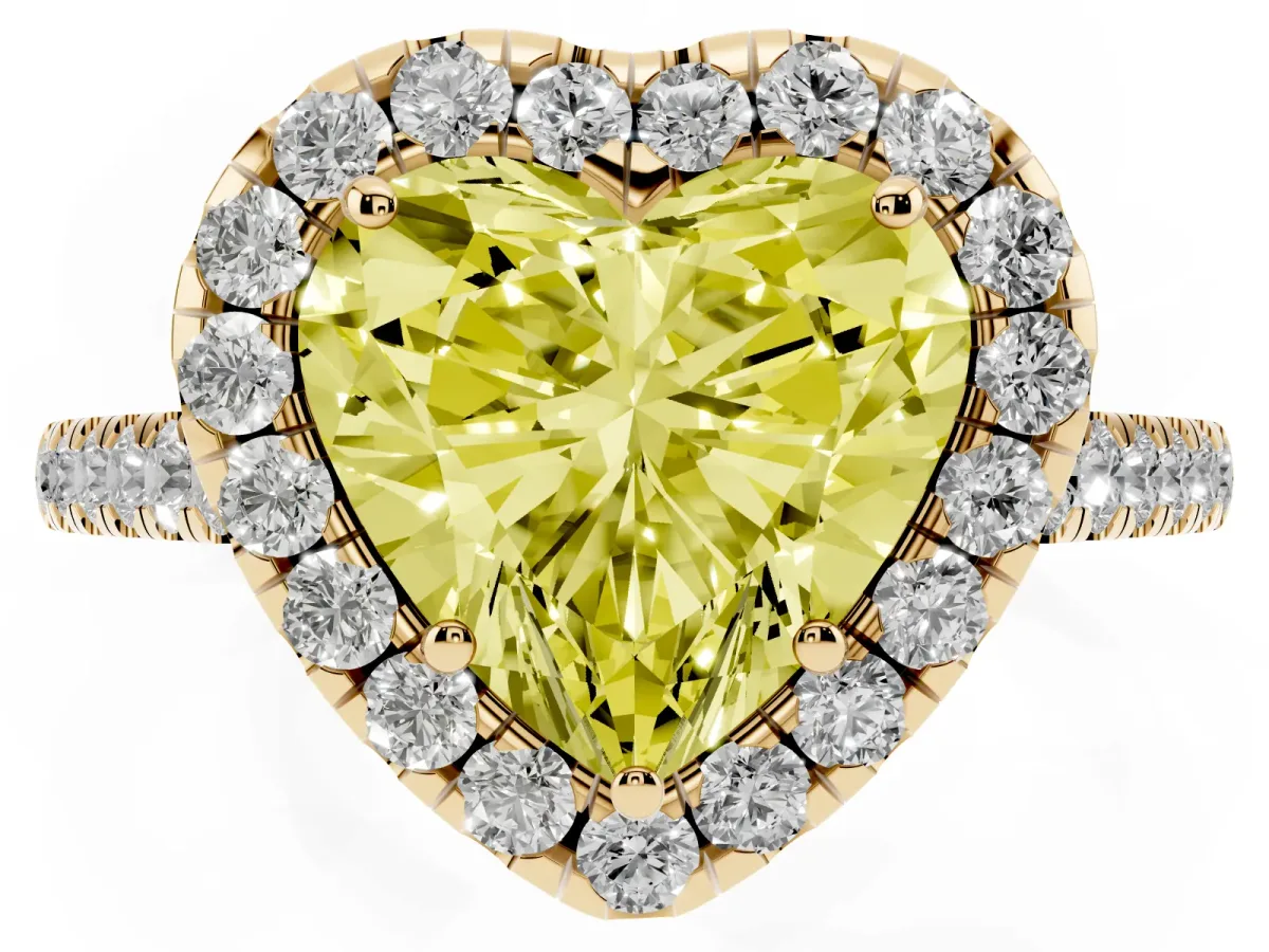Fancy Yellow Heart Cut Halo Pave Diamond Engagement Ring with Four-Prong Setting Yellow gold