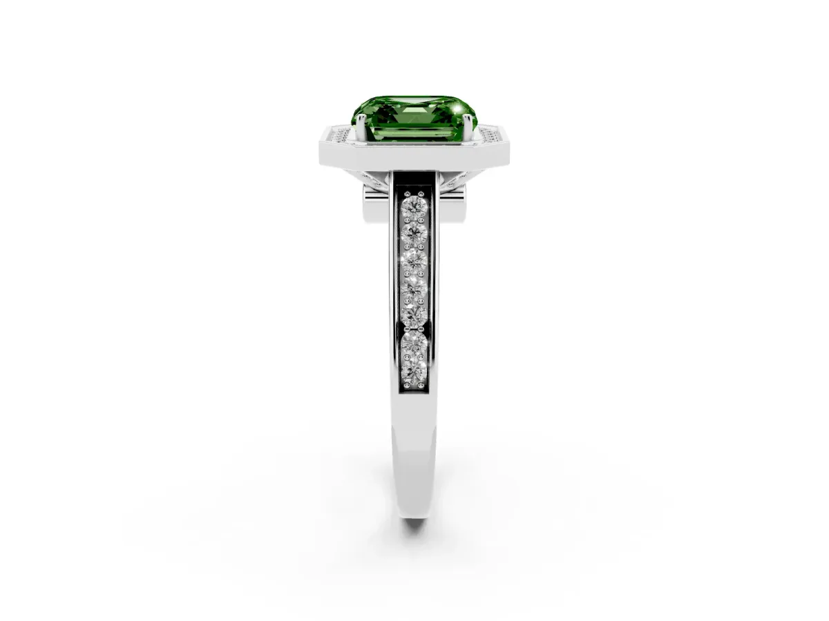 Fancy Green Asscher Cut Halo Solitaire Diamond Ring with Pave Band and Bezel Setting Platinum
