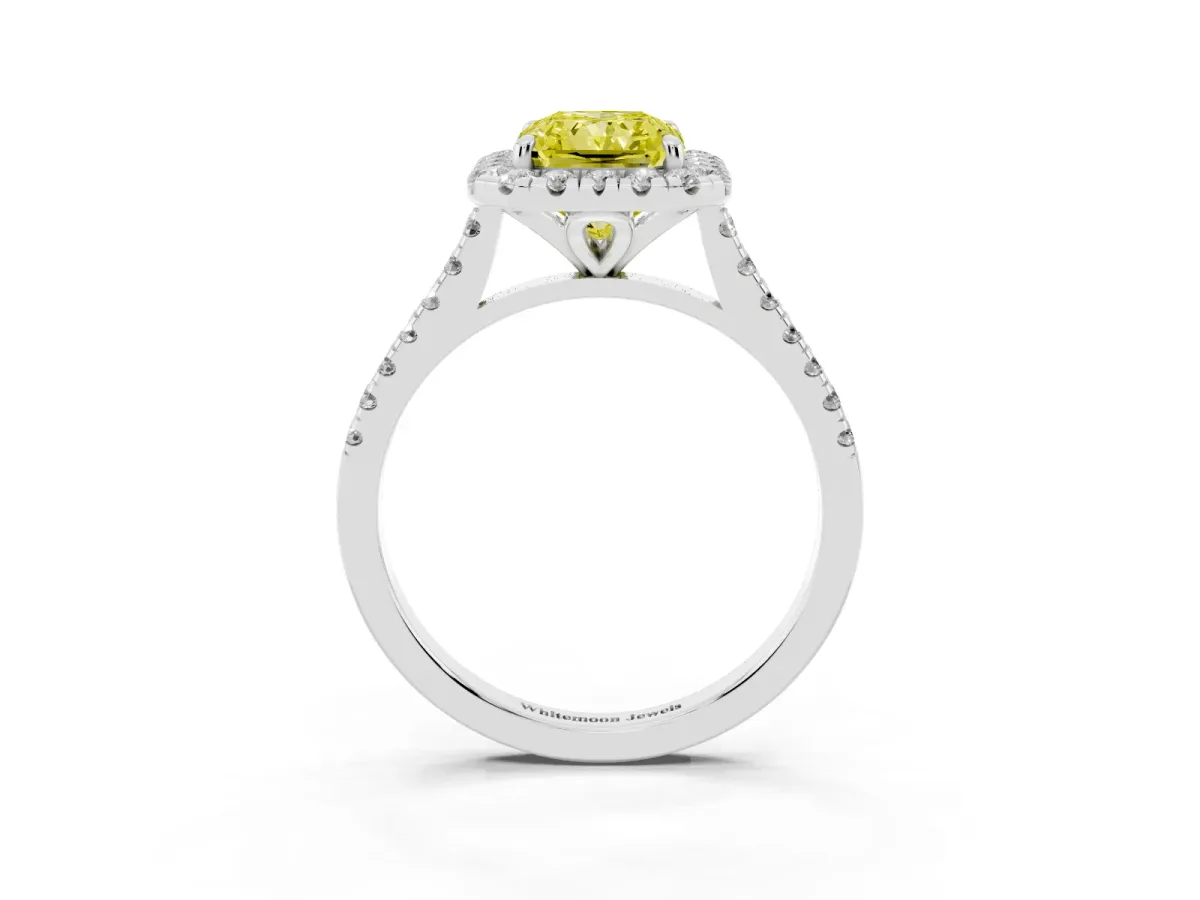 Fancy Yellow Radiant Cut Diamond Cushion Halo Ring with Pavé Band Silver