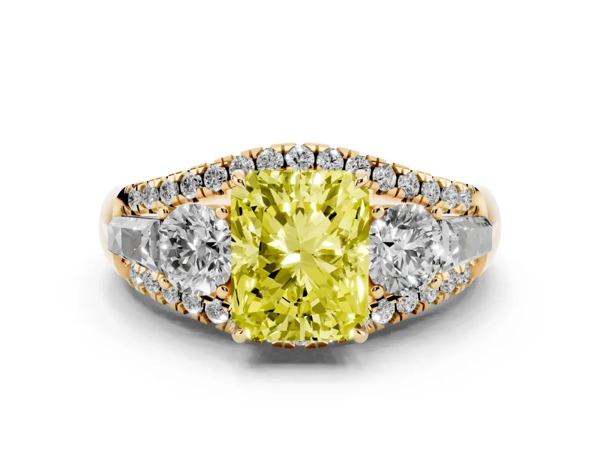 Fancy Yellow Three-Stone Radiant Cut Diamond Engagement Ring with Pave Band and Prong Setting Yellow gold