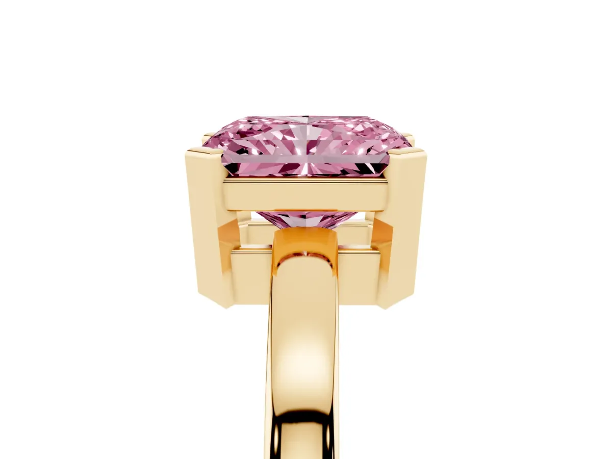 Fancy Pink Radiant Cut Cut Solitaire Ring with Four-Prong Setting and Classic Band Yellow gold