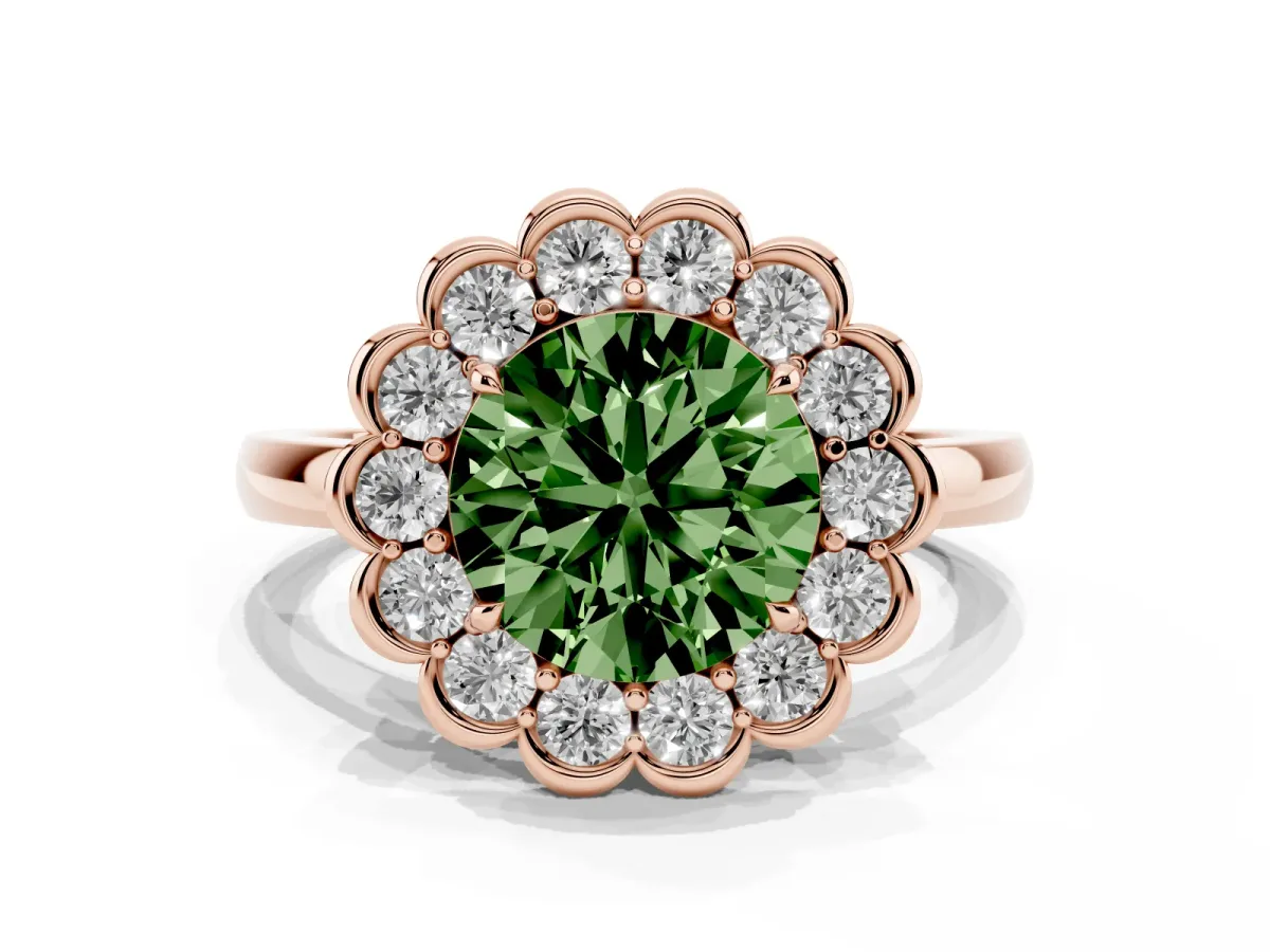 Fancy Green Round Cut Halo Cluster Diamond Engagement Ring with Solitaire Band and Prong Setting Rose gold