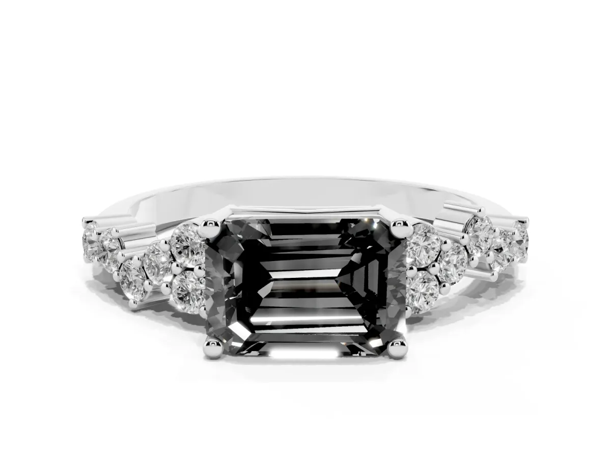 Fancy Black Emerald Cut Diamond Scattered Round Accent Ring with Prong Setting Silver
