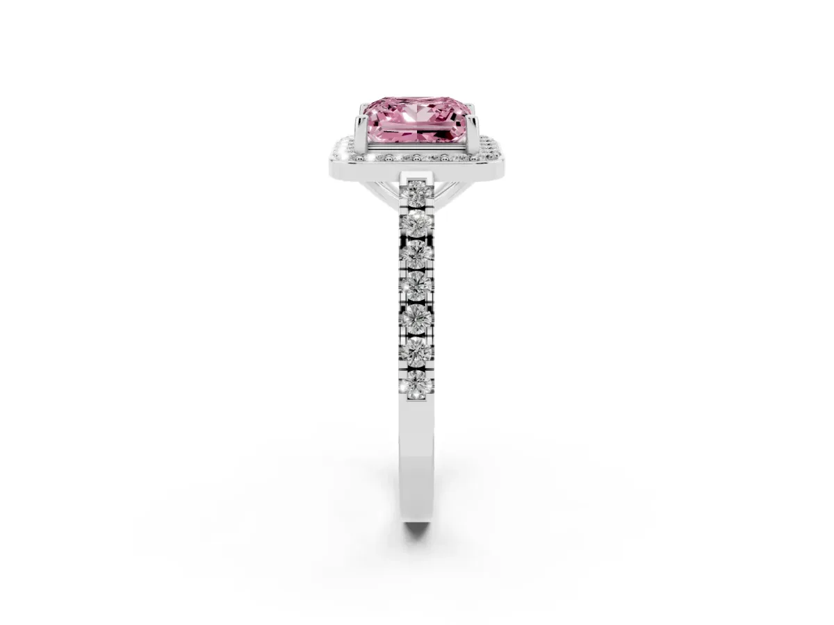 Fancy Pink Princess Cut Diamond Halo Ring with Round Pavé Split Shank and Prong Setting Silver