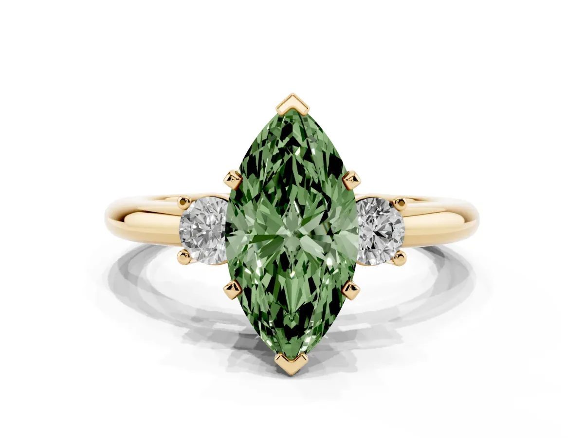 Fancy Green Three-Stone Marquise Cut Cut Diamond Solitaire with Prong Setting and Classic Band Yellow gold