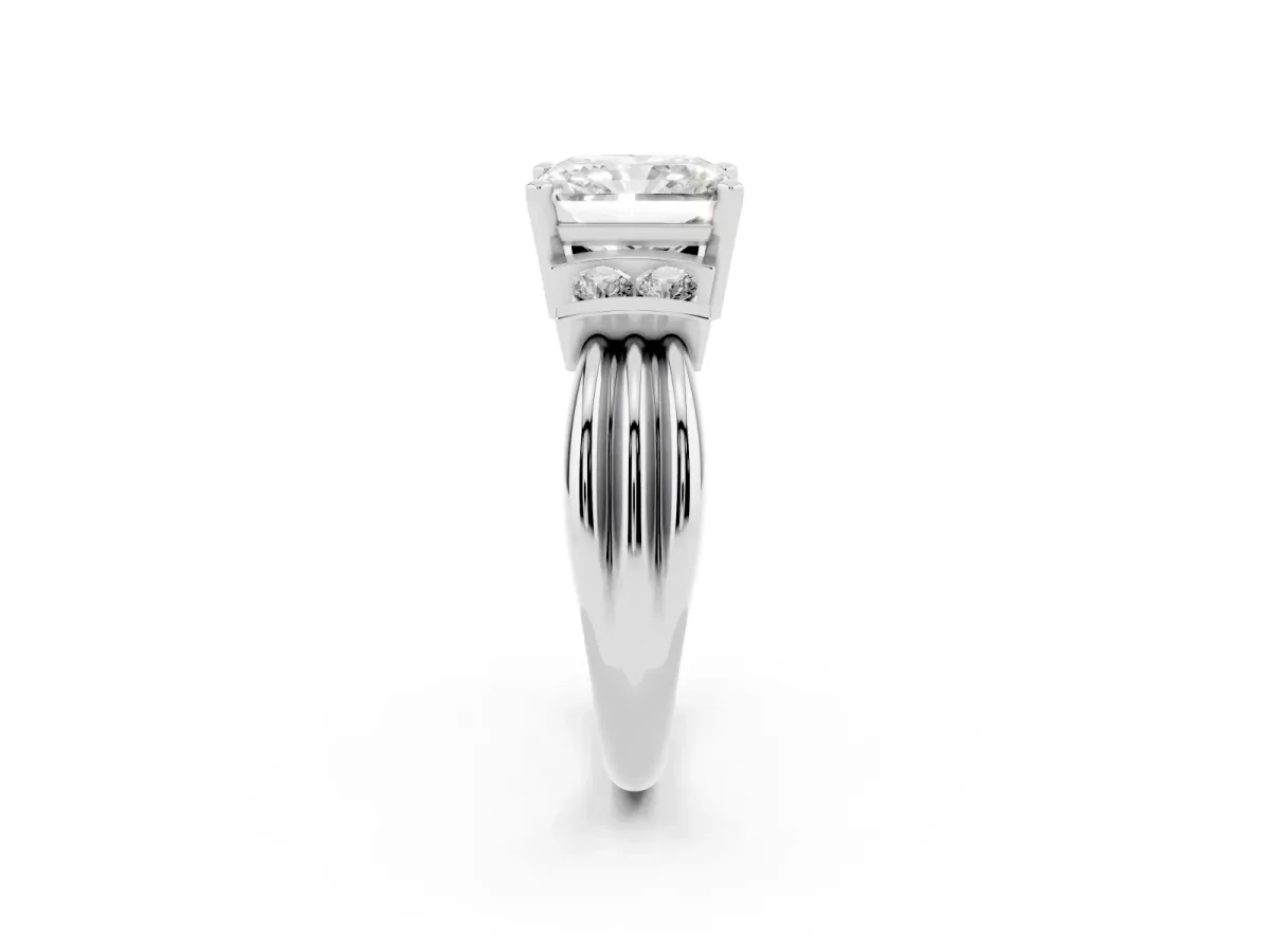 Radiant Cut Cut Three-Stone Channel Set Ring with Bar Prongs Silver