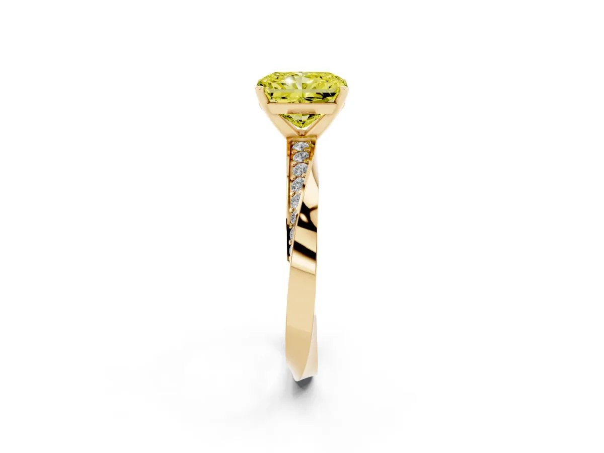 Fancy Yellow Radiant Cut Diamond Engagement Ring with Side Stone Accents and Four-Prong Setting Yellow gold