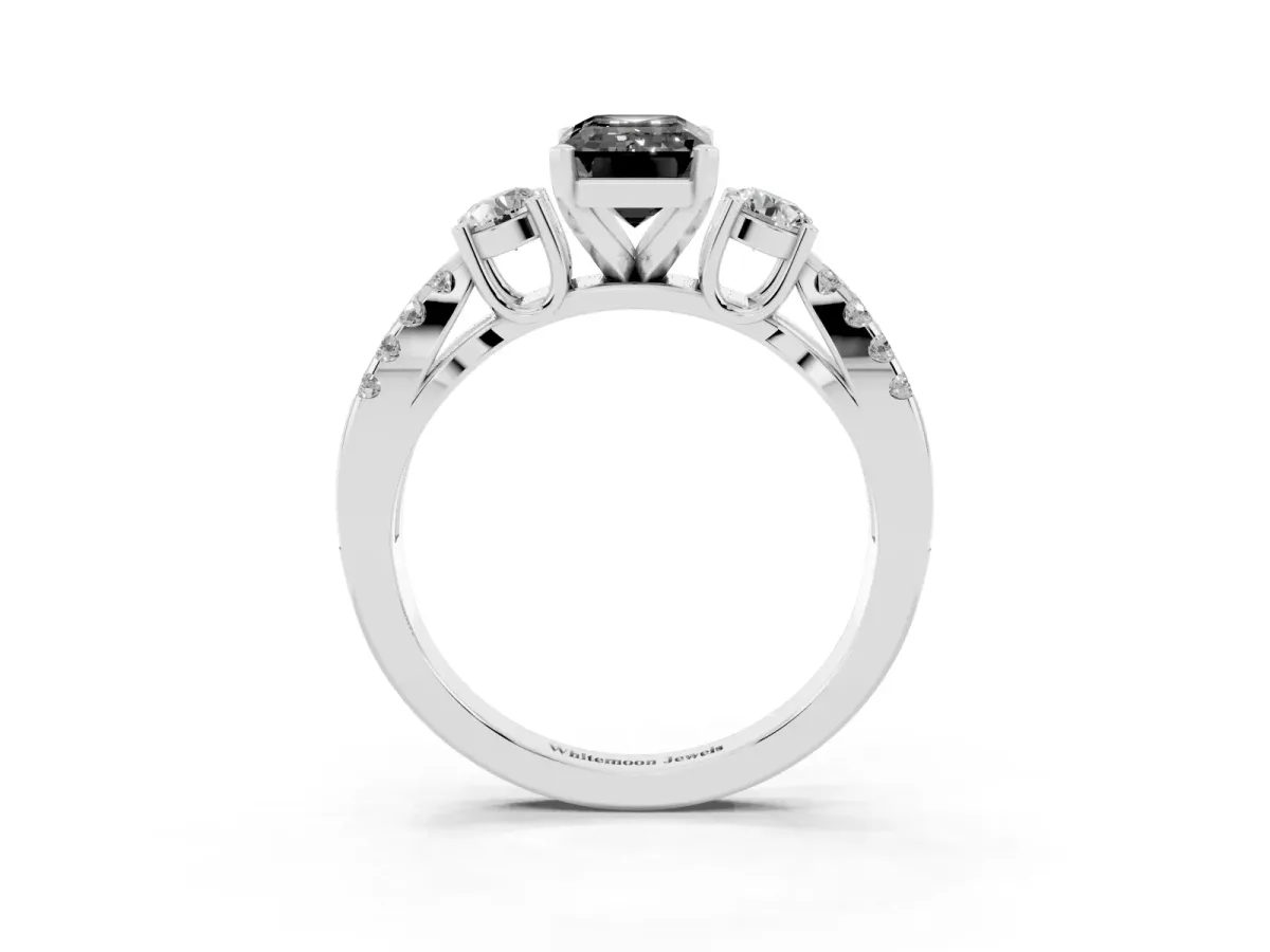 Fancy Black Emerald Cut Diamond Three-Stone Ring with Pavé Split Shank and Four-Prong Setting Platinum