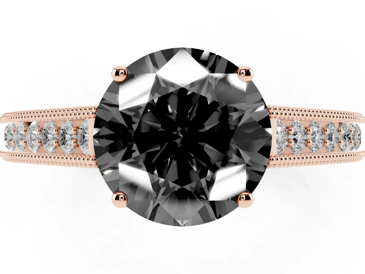 Fancy Black Round Cut Cut Pave Band Milgrain Solitaire Ring Rose gold