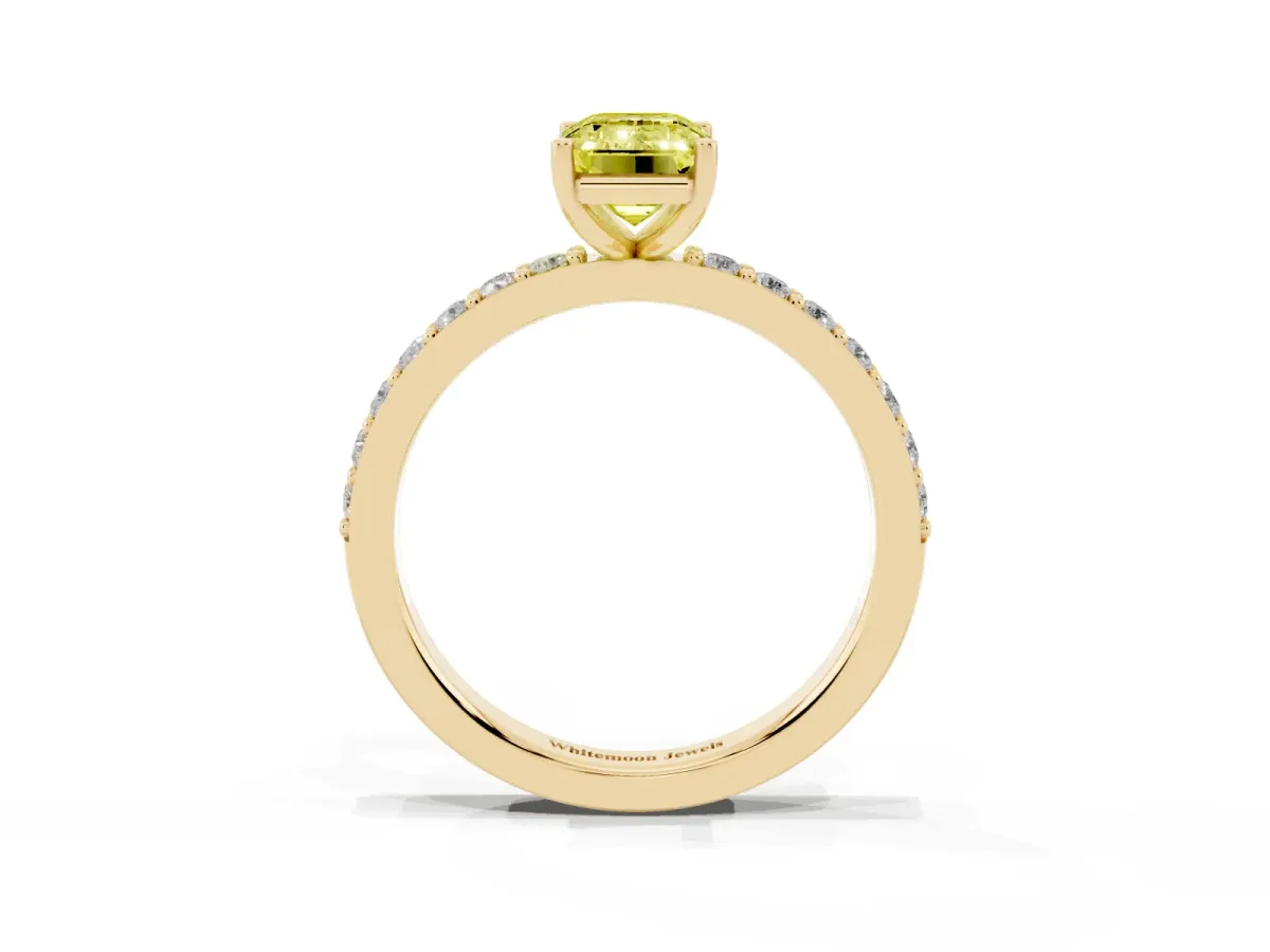 Fancy Yellow Emerald Cut Cut Diamond Solitaire with Pave Band and Four-Prong Setting Yellow gold
