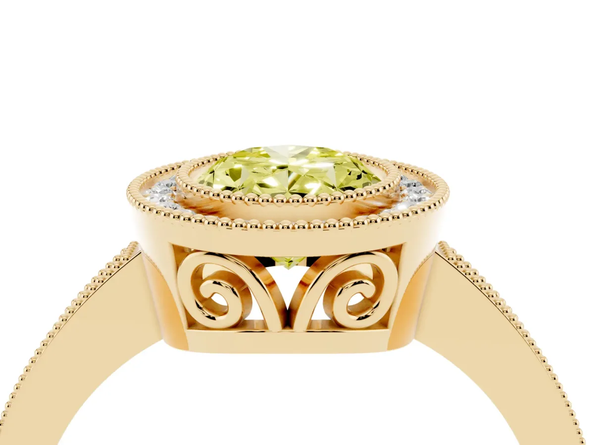 Fancy Yellow Oval Cut Cut Halo Diamond Ring with Pavé Band and Milgrain Prong Setting Yellow gold