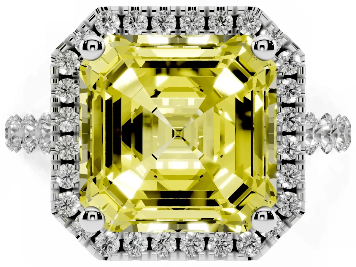 Fancy Yellow Asscher Cut Halo Pavé Diamond Engagement Ring with Four-Prong Setting Platinum