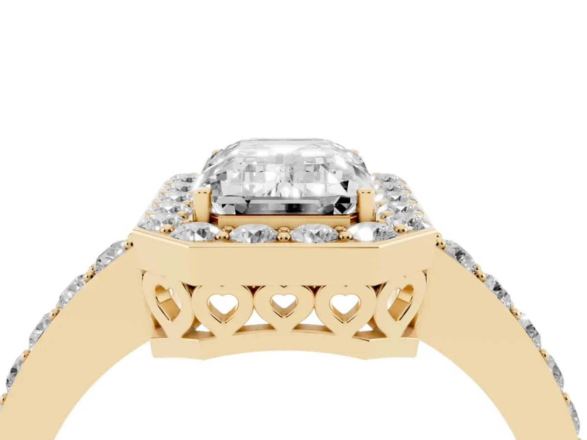 Emerald Cut Halo Diamond Pavé Band Ring with Prong Setting Yellow gold
