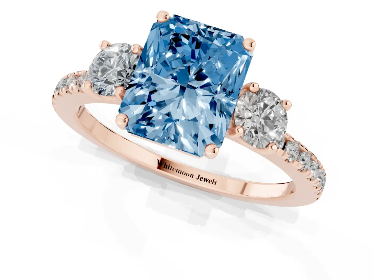 Fancy Blue Three-Stone Radiant Cut Cut Diamond Pavé Band with Prong Setting Rose gold